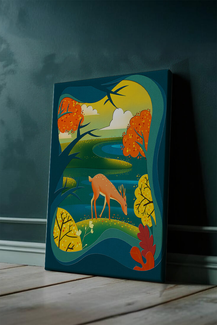 Deer in autumnal forest landscape with vibrant foliage