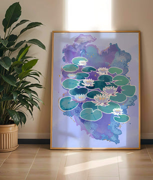 Serene aquatic scene with water lilies on abstract colorful background