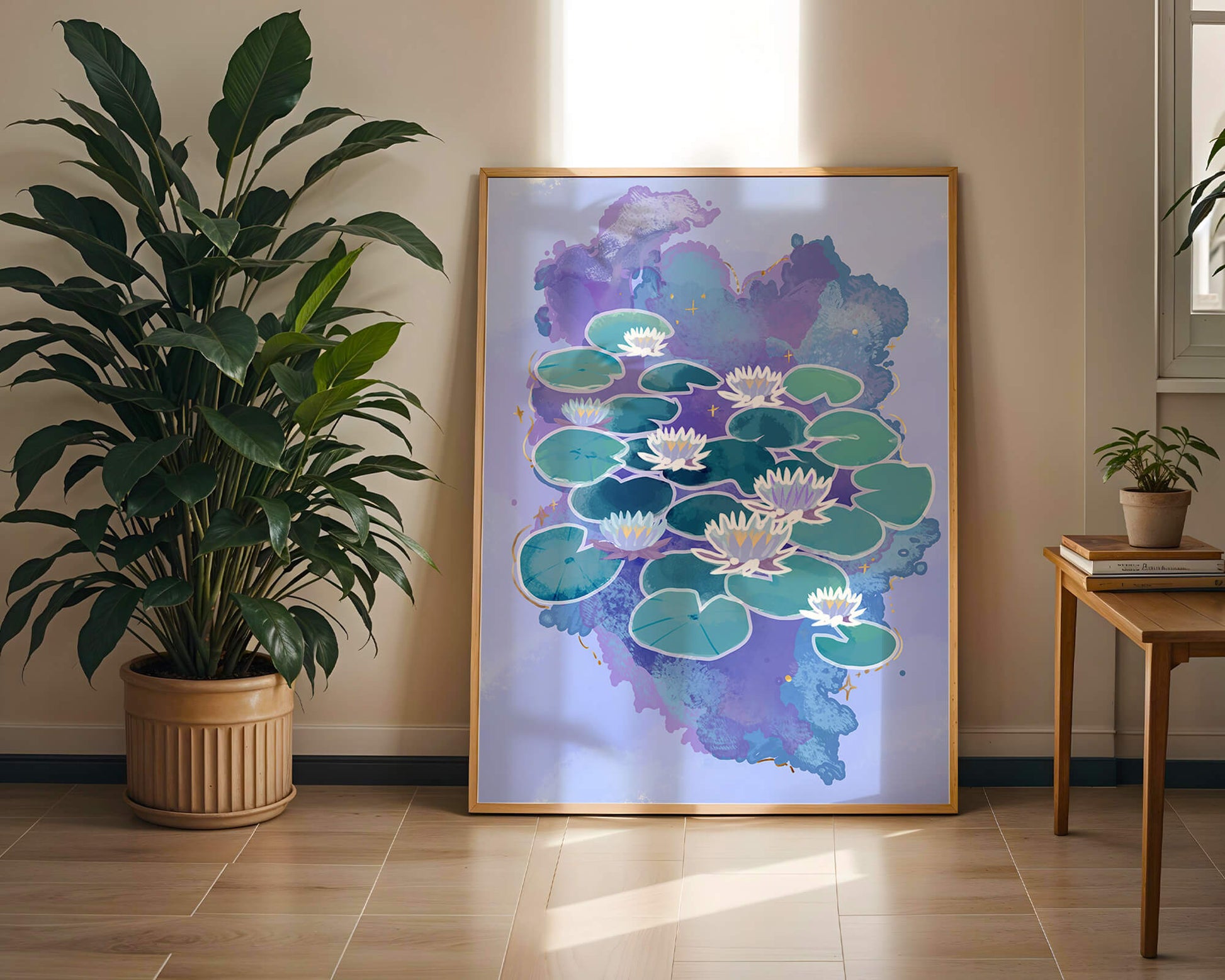 Serene aquatic scene with water lilies on abstract colorful background