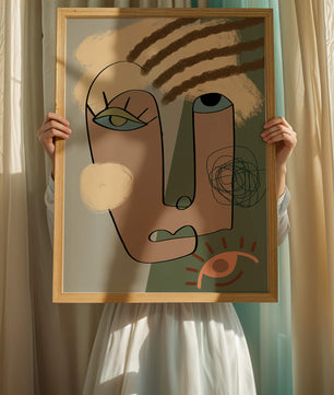 Retrato abstracto con formas geométricas y tonos terrosos