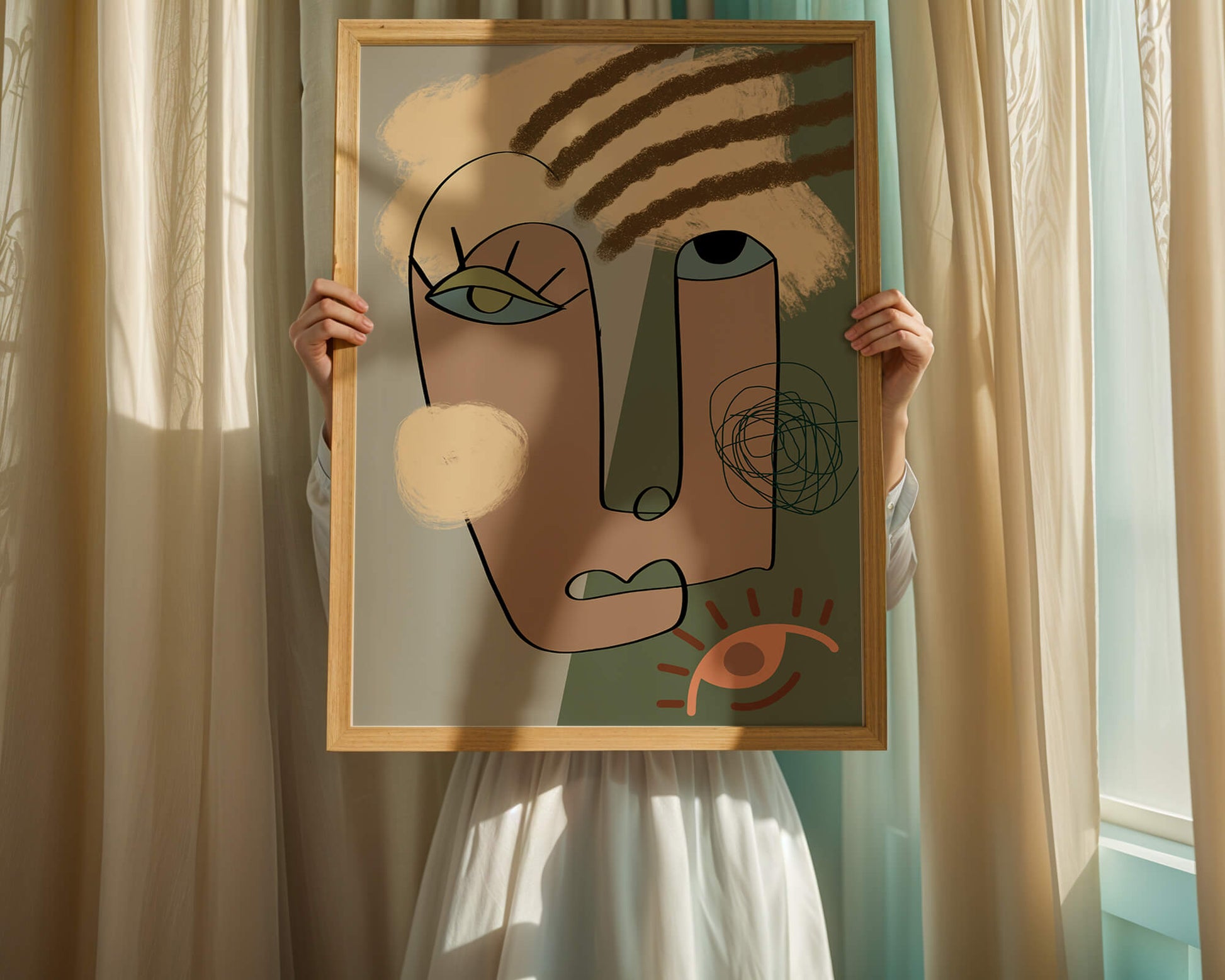 Retrato abstracto con formas geométricas y tonos terrosos.