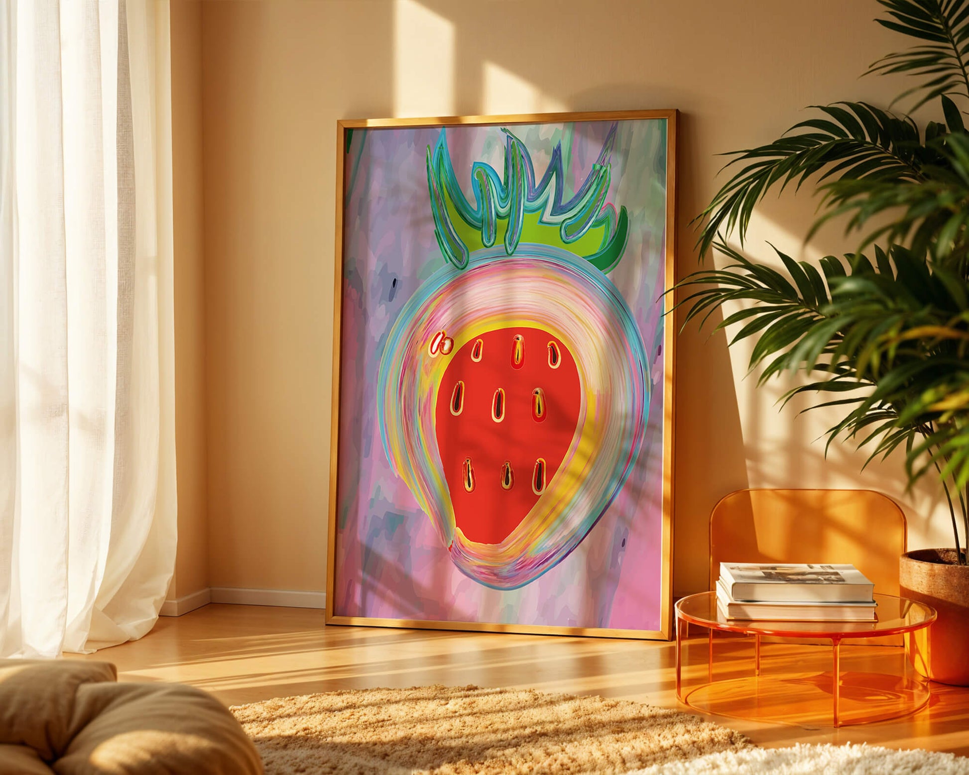 Colorful abstract strawberry with vibrant brush strokes