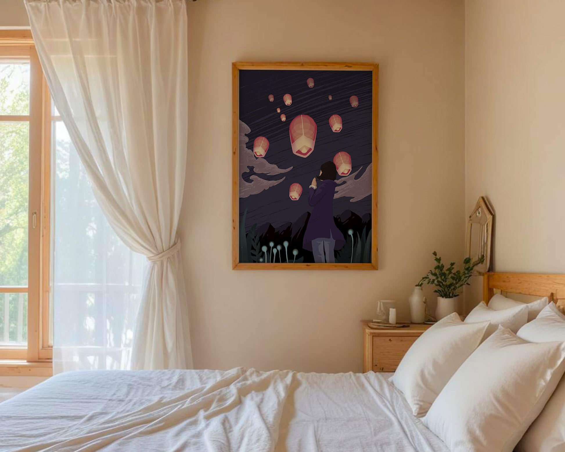 Girl Watching Pink Lanterns Soaring into the Night Sky