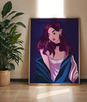 Illustration d'une fille élégante aux cheveux violets et à la veste bleue