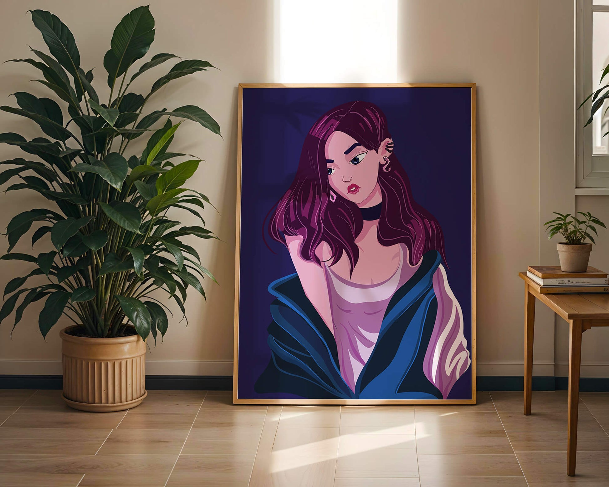Stylish girl with purple hair and a blue jacket illustration