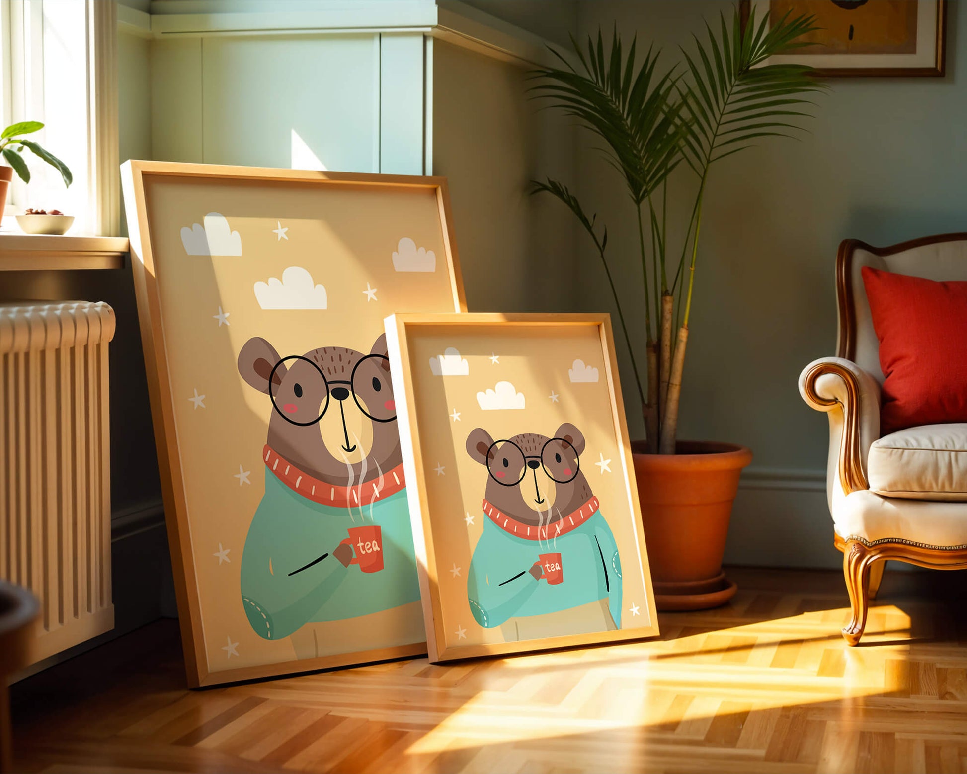 Illustration of a bear with glasses holding a tea cup against a starry background