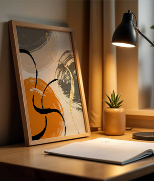 Abstract Art with Orange, Black, and Gold Brushstrokes - Mi tienda