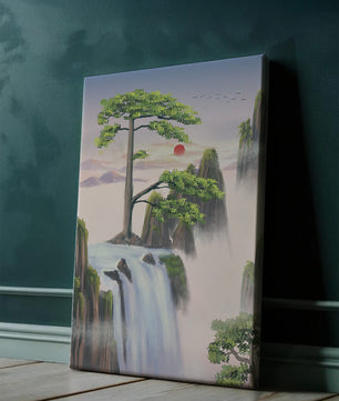 Serene landscape with flowing waterfall and sunrise