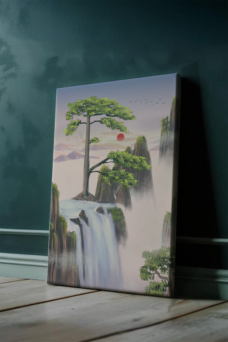 Serene landscape with flowing waterfall and sunrise