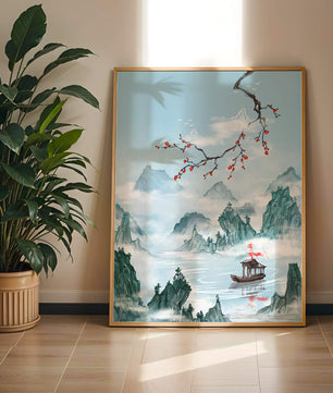 Chinese Landscape with Cherry Blossoms and Boat in Misty Mountains - Mi tienda
