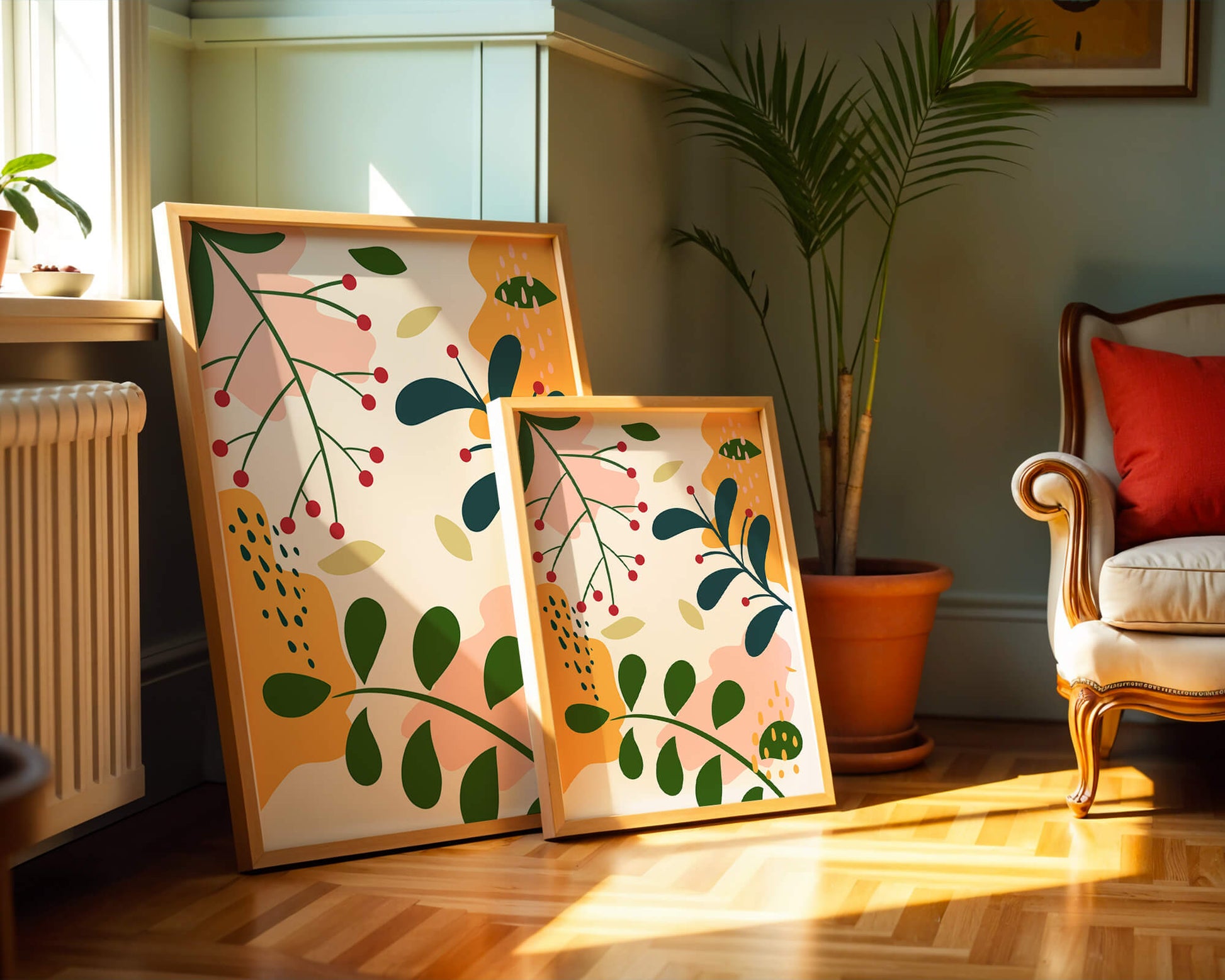 Abstract Floral Pattern with Bold Colors and Geometric Shapes