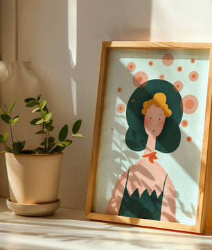Whimsical Portrait of a Woman with Green Hair and Abstract Circles - Mi tienda