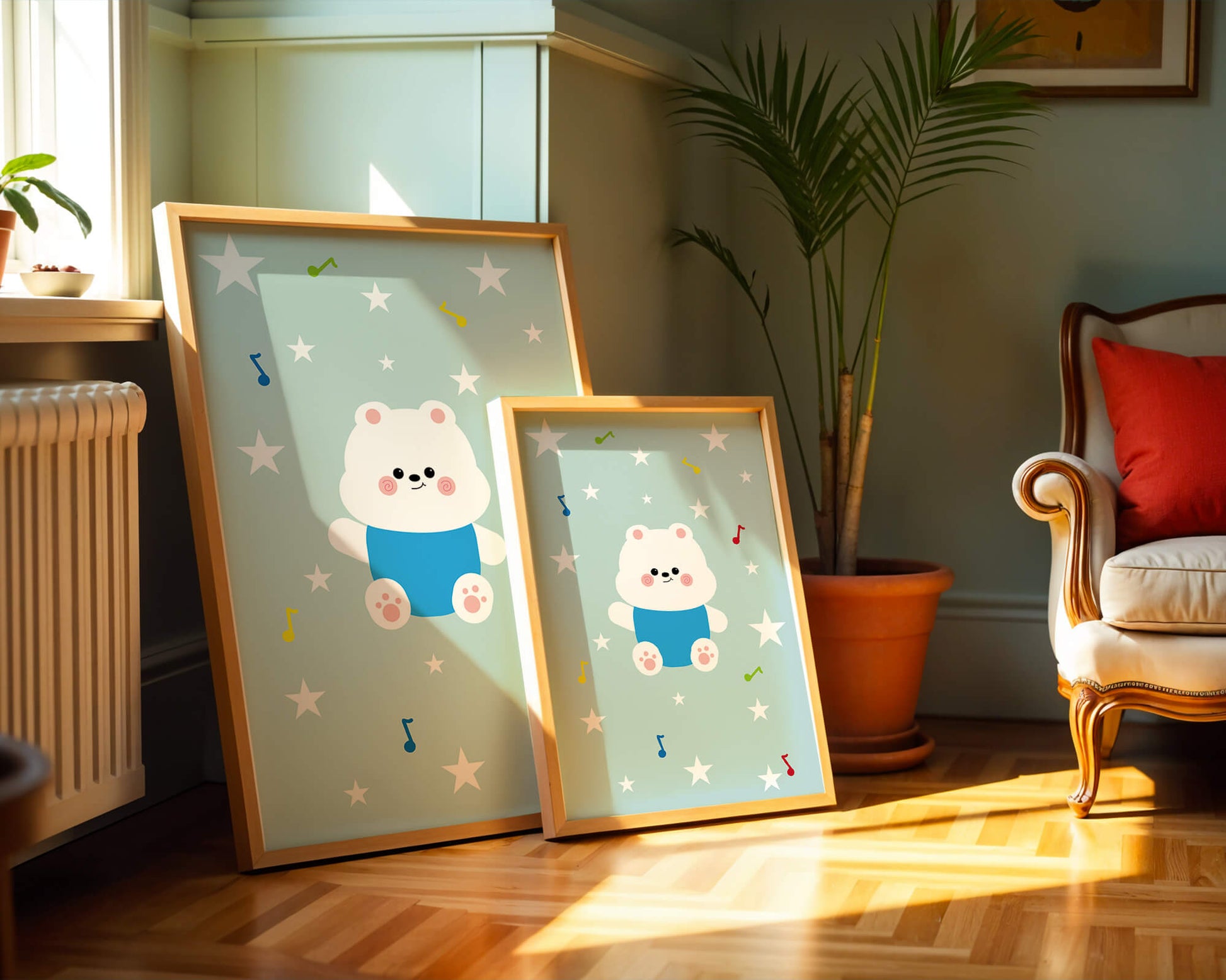 Playful bear illustration with musical notes and stars