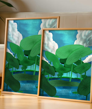 Serene landscape with lush green leaves and blue horizon
