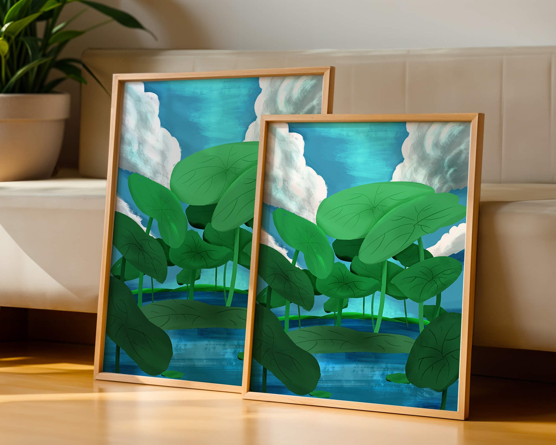 Serene landscape with lush green leaves and blue horizon