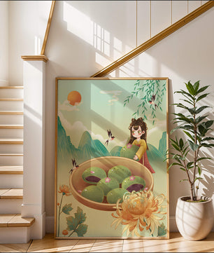 Charming Scene with Traditional Dress and Scenic Landscape Featuring Floral Elements and Birds