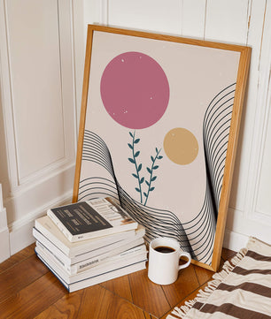 Composition florale abstraite avec des cercles roses et orange sur fond minimaliste