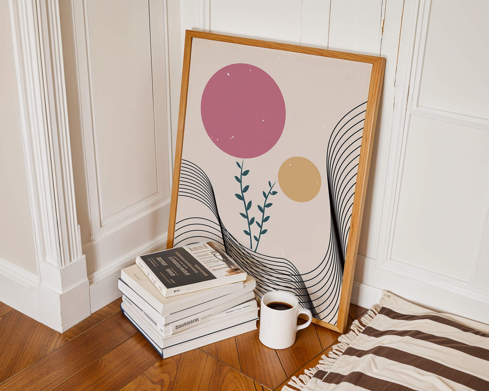 Composition florale abstraite avec des cercles roses et orange sur fond minimaliste