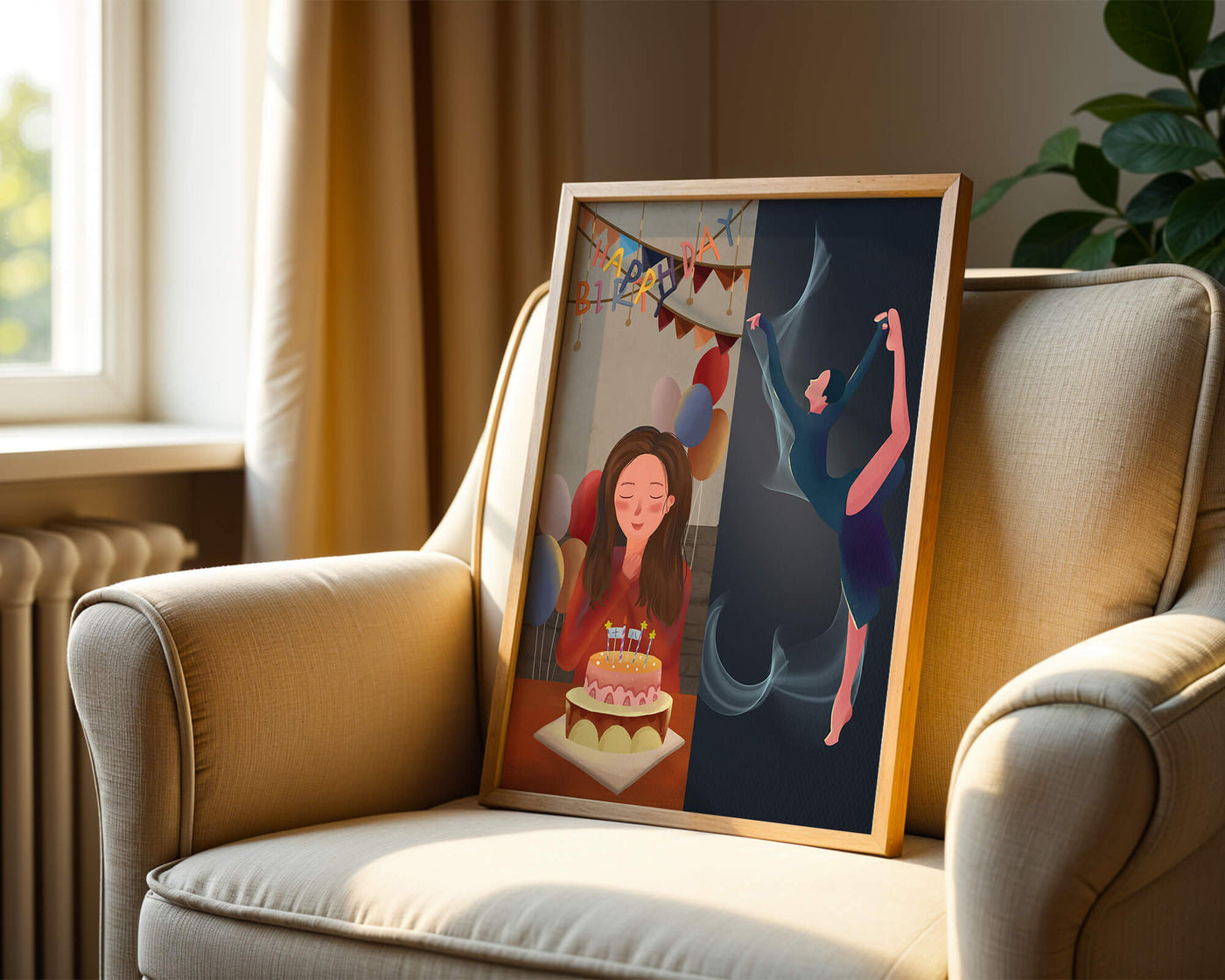 Birthday celebration illustration with cake and dancing figure
