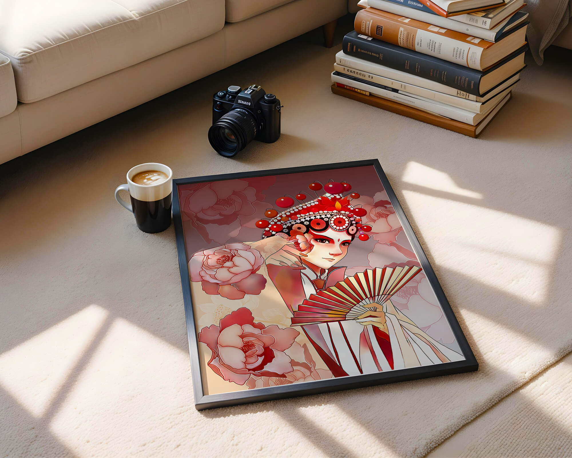 Traditional Asian artwork with floral motifs and ornate headpiece
