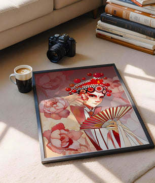 Traditional Asian artwork with floral motifs and ornate headpiece