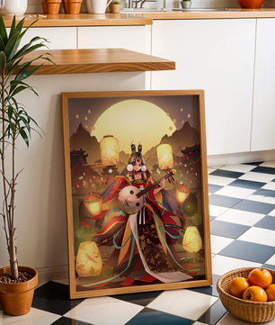 Elegant musician with traditional attire under lanterns and mountains