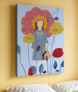 Fille dans un pays des merveilles fleuri avec des couleurs pastel et des fleurs vibrantes