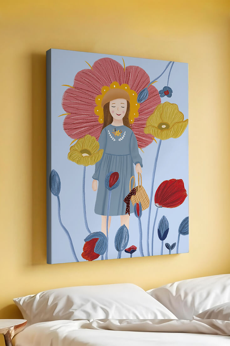 Fille dans un pays des merveilles fleuri avec des couleurs pastel et des fleurs vibrantes