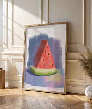 Ilustración en acuarela de una rodaja de sandía con fondo abstracto
