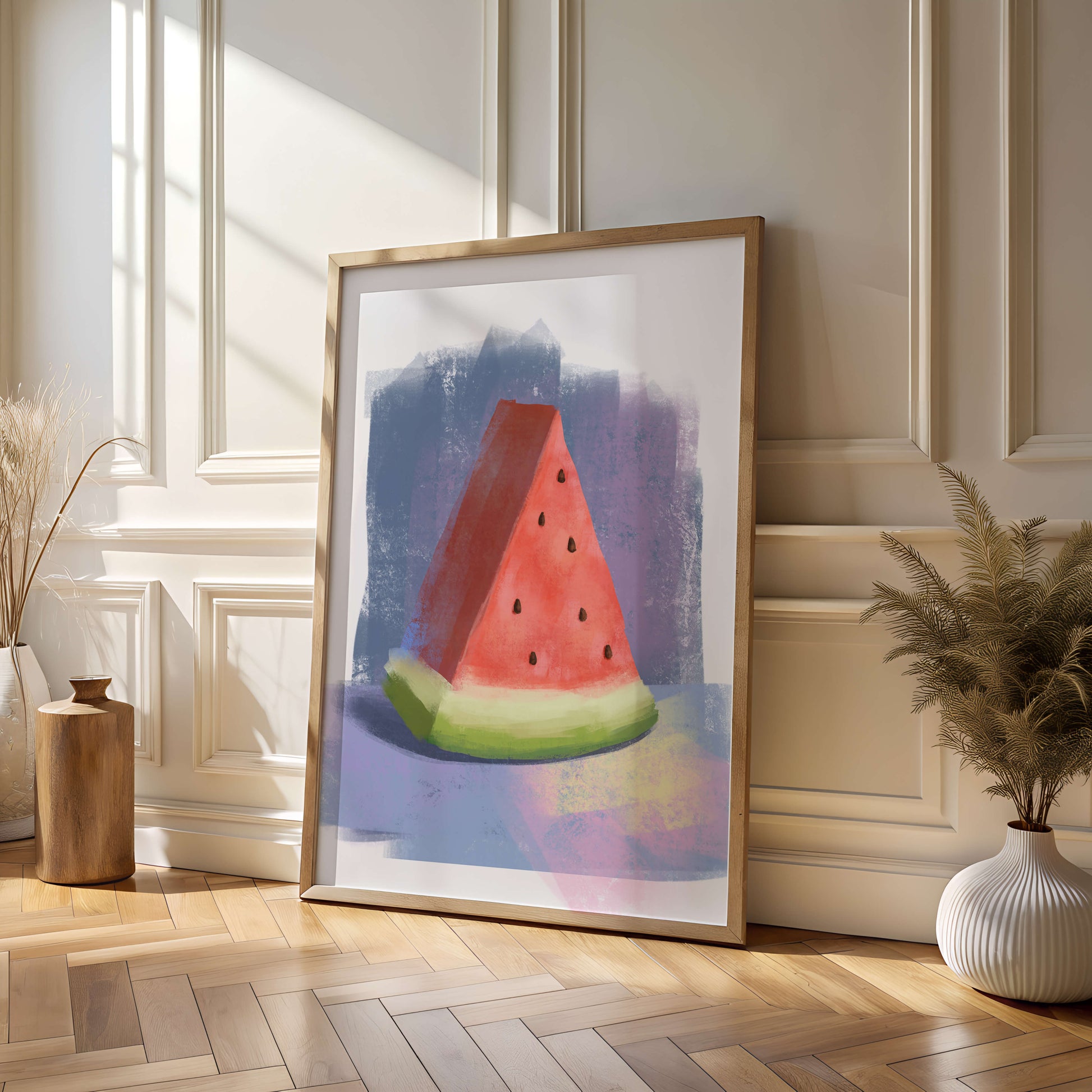 Watercolor illustration of a watermelon slice with abstract background