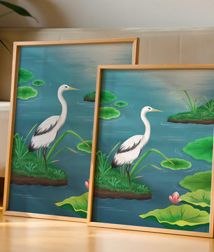 Serene wetland scene with white crane and water lilies