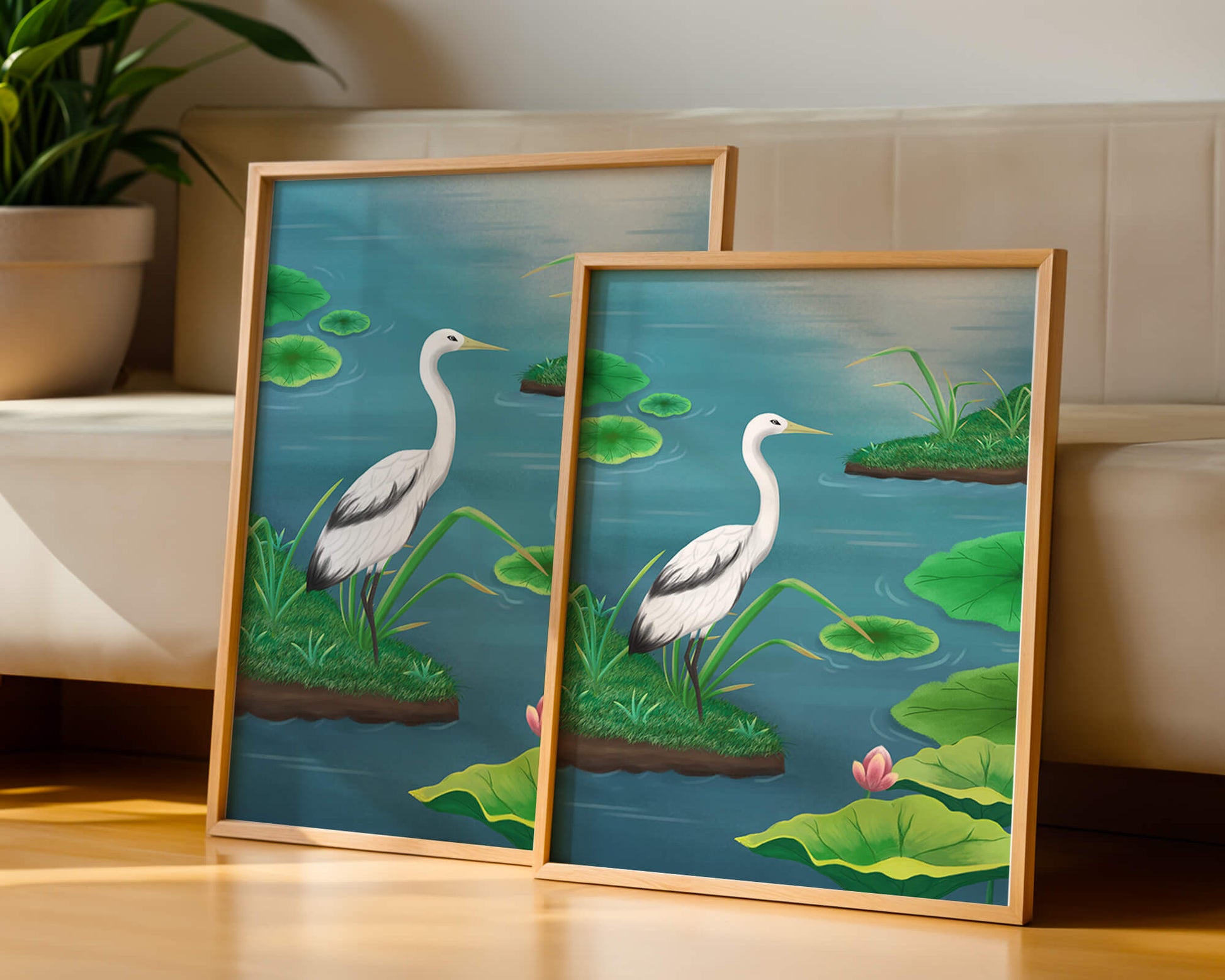 Serene wetland scene with white crane and water lilies