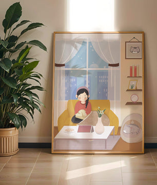 Cozy living room with a girl and a dog on a yellow sofa