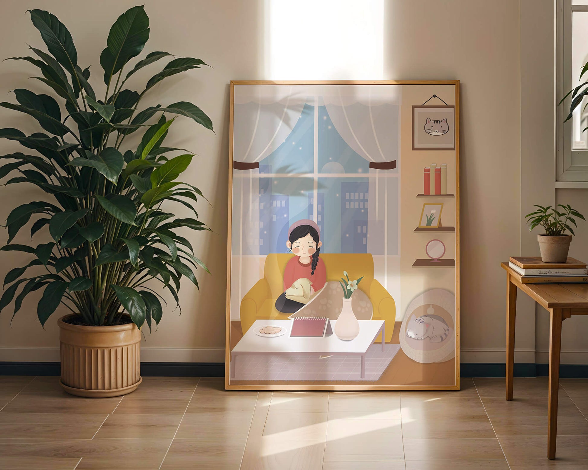 Cozy living room with a girl and a dog on a yellow sofa