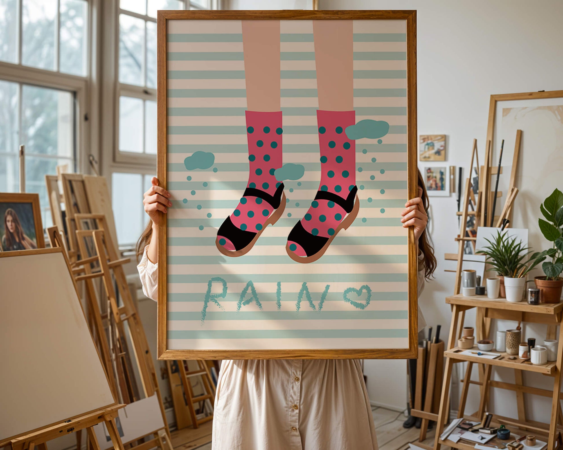 Illustration of polka dot socks and sandals on a striped background
