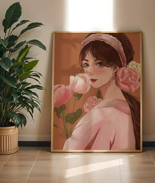 Mujer joven con flores en el pelo y sosteniendo un ramo