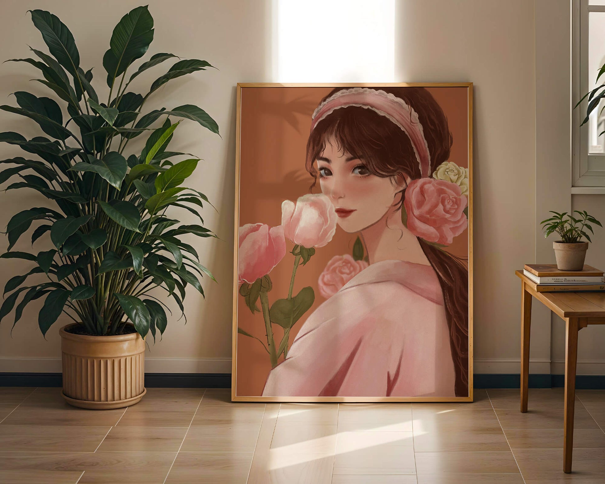 Young woman with flowers in her hair and holding a bouquet