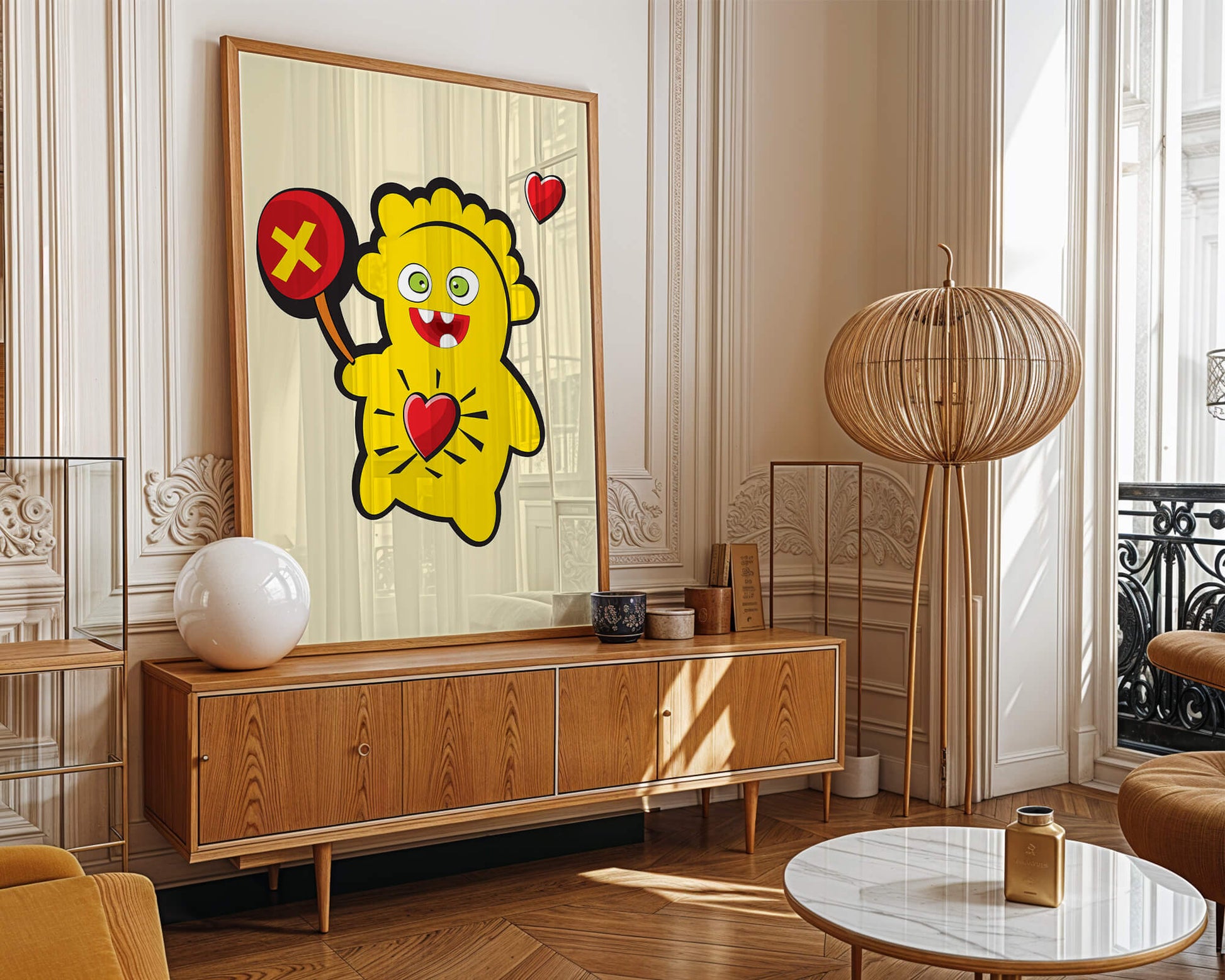 Colorful cartoon character with heart and playful design
