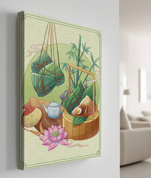 Traditional Asian tea set with bamboo and dumplings