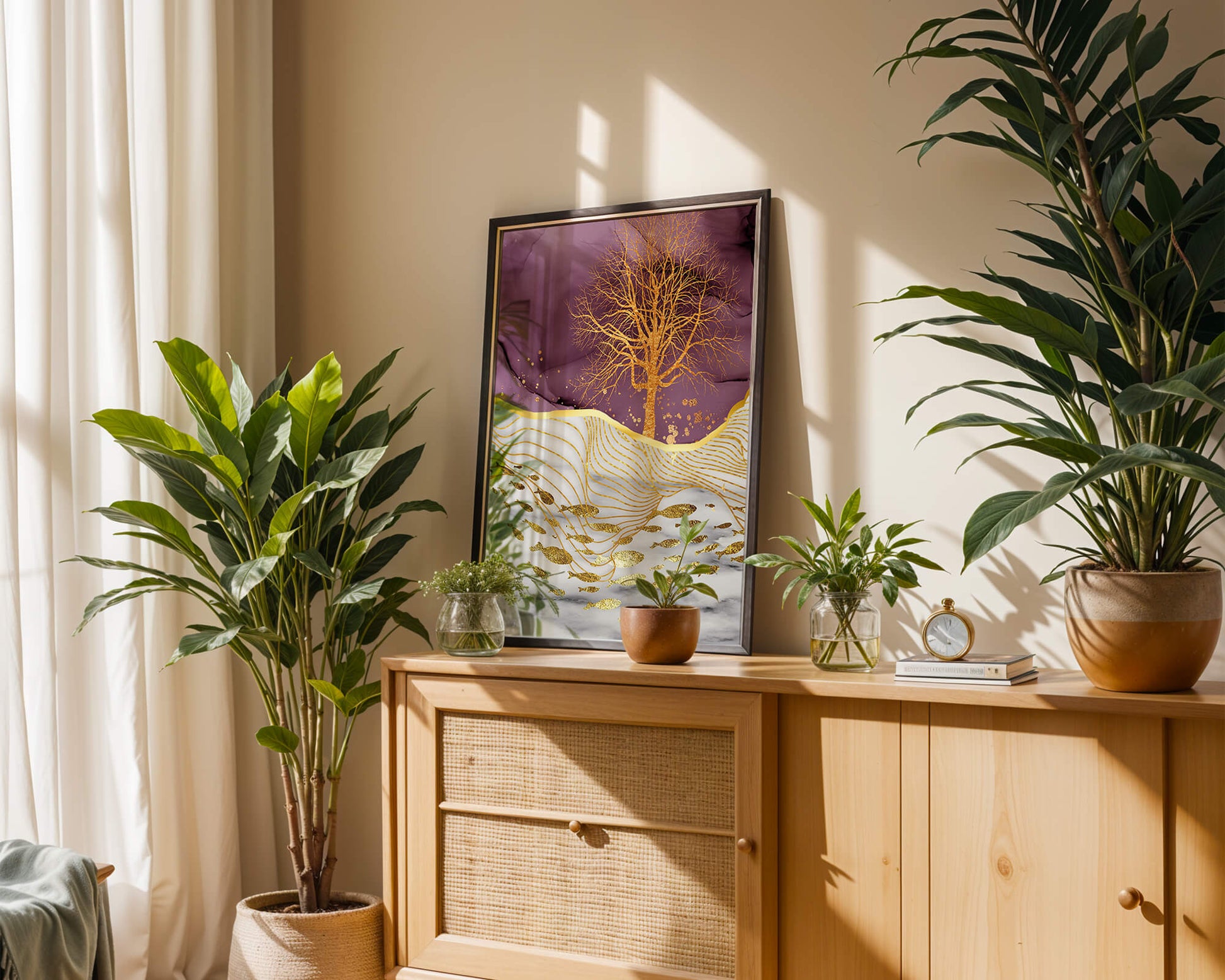 Abstract Tree with Gold Fish on Marble Background