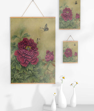 Delicate peonies with butterflies in a serene natural setting