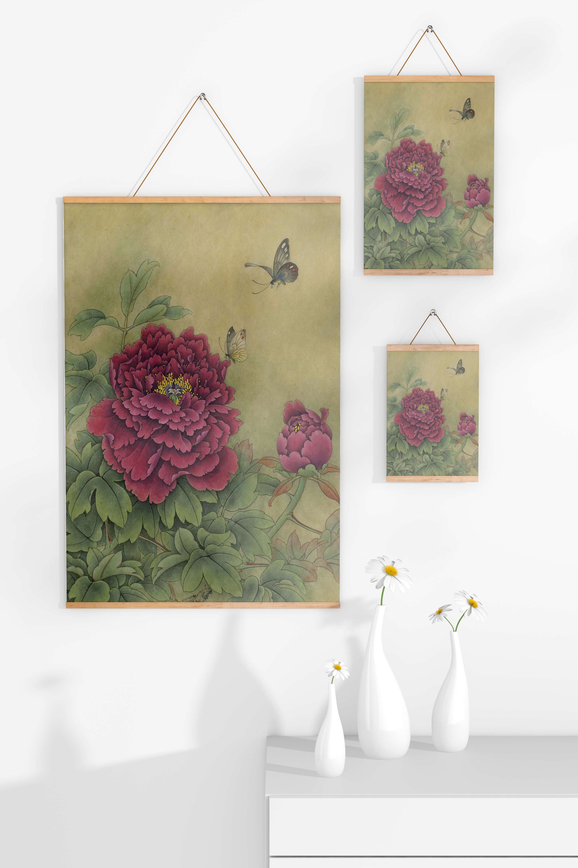 Delicate peonies with butterflies in a serene natural setting