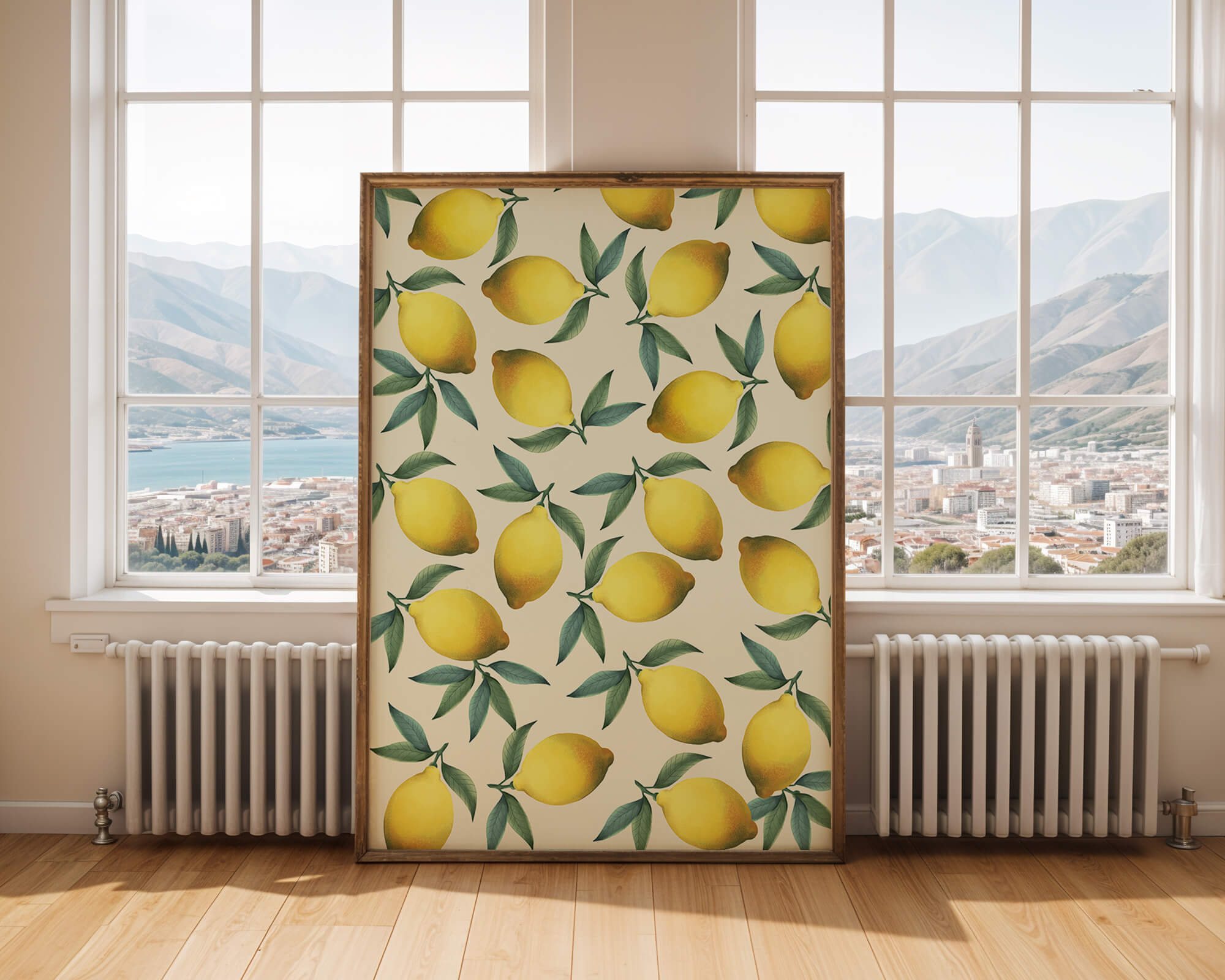 Vibrant lemon pattern with green leaves on a light background
