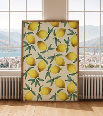 Vibrant lemon pattern with green leaves on a light background