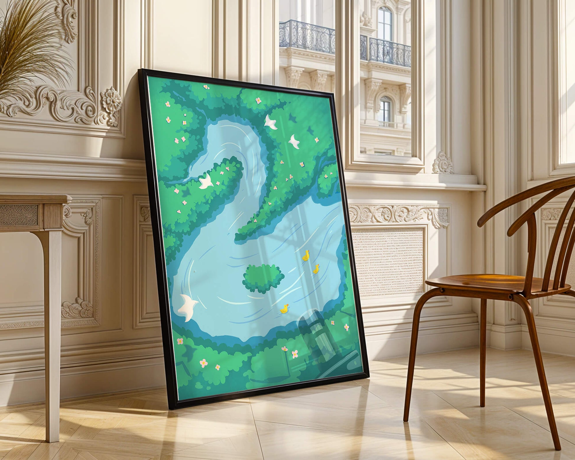 Río sereno con patos y aves en un paisaje exuberante