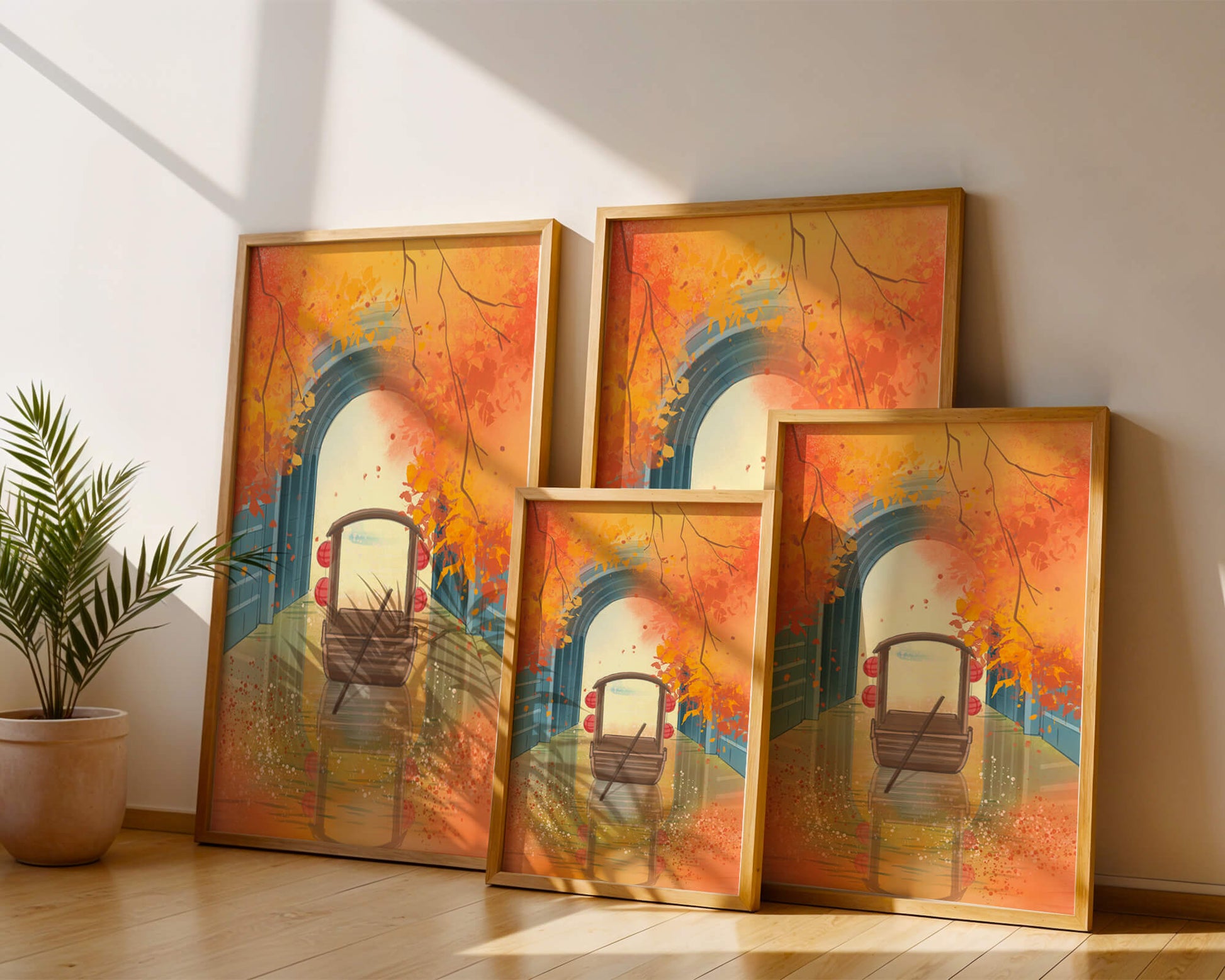 Serene autumn scene with archway and wooden boat