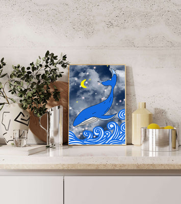 Whimsical blue whale in a starry night ocean scene