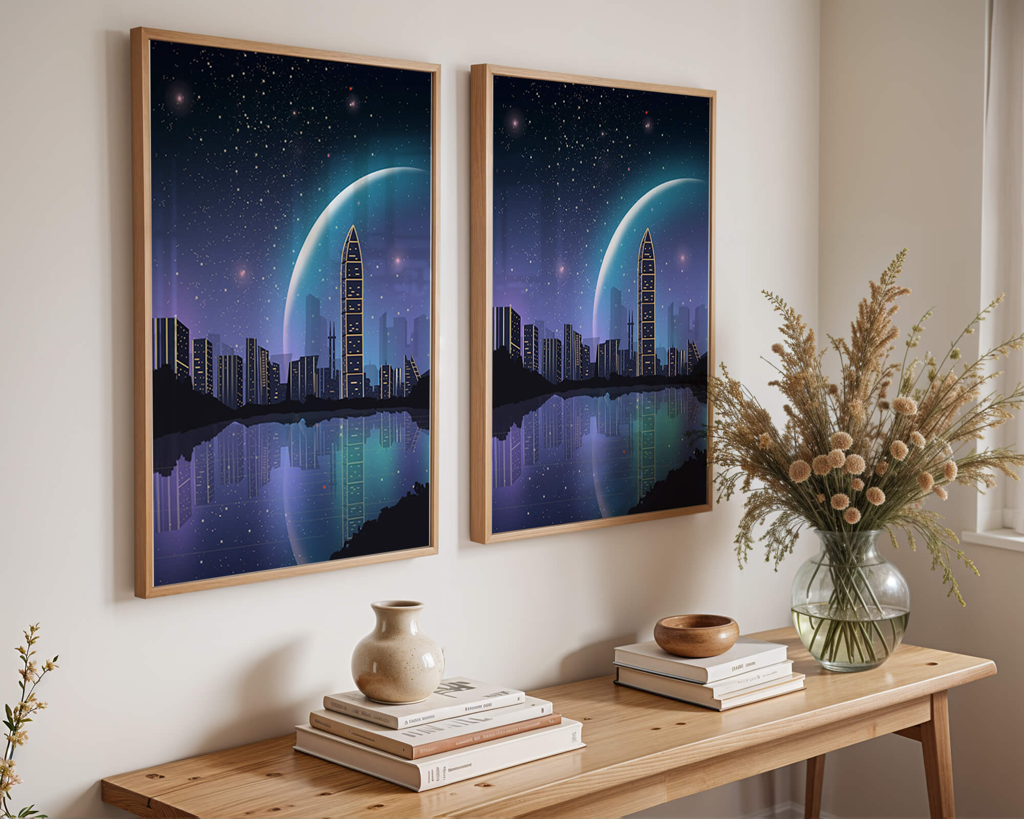 Futuristic cityscape under a starry night sky