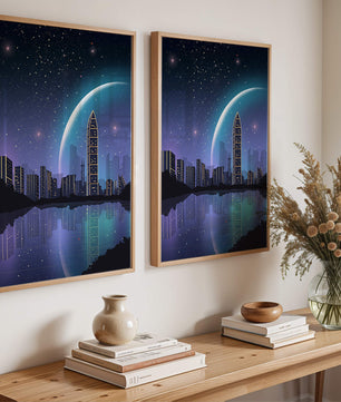 Paisaje urbano futurista bajo un cielo estrellado