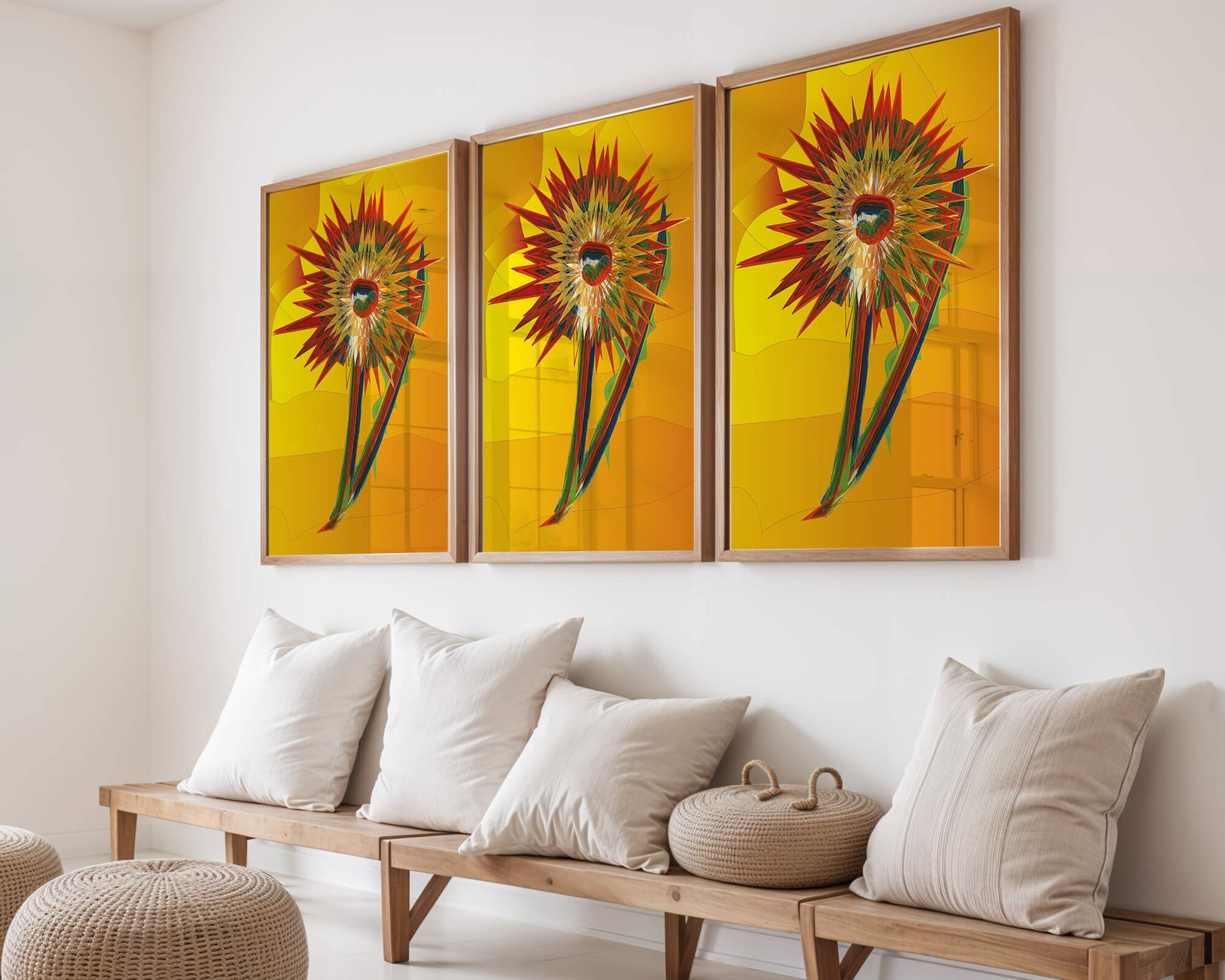 Abstract vibrant sunflower art with dynamic geometric shapes